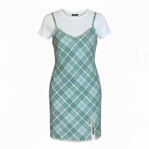 Sweet Society Plaid Short Sleeve 100% Cotton Twofer Dress Green White Size 1